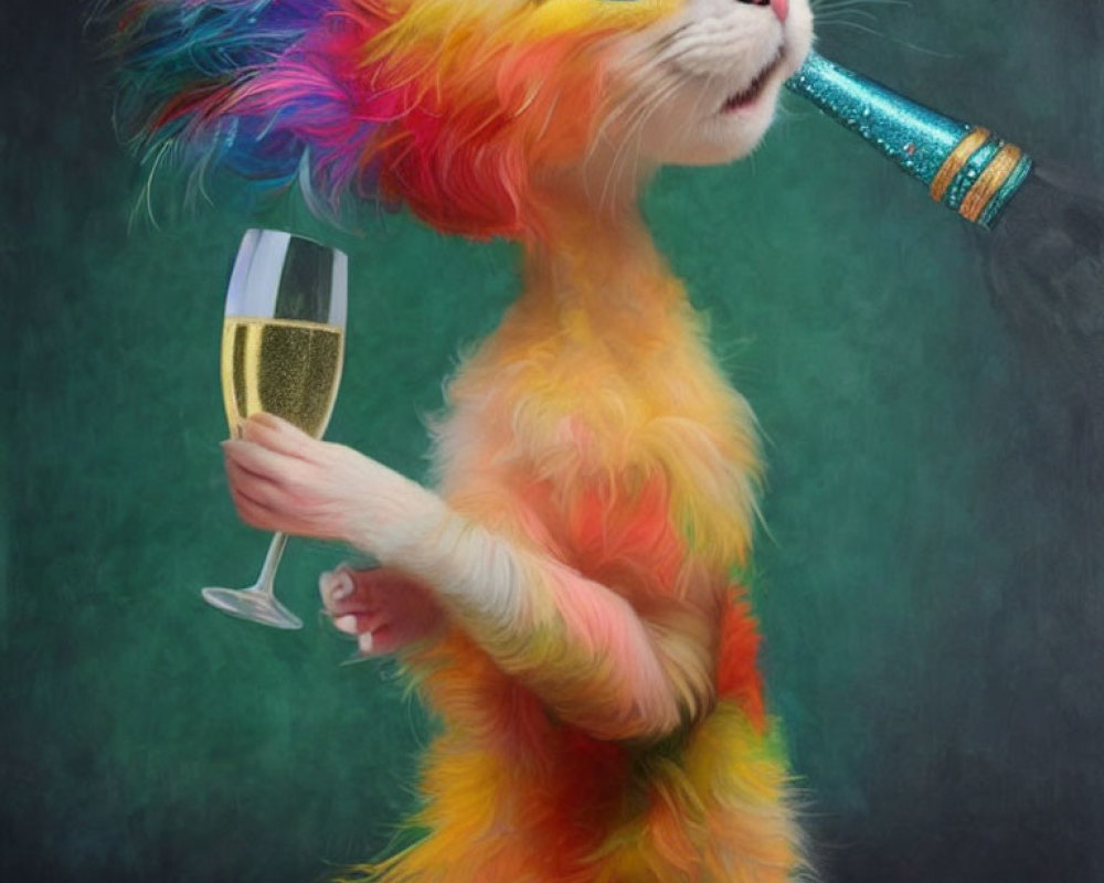 Colorful Cat Holding Champagne Glass with Party Blower Stand Against Muted Background