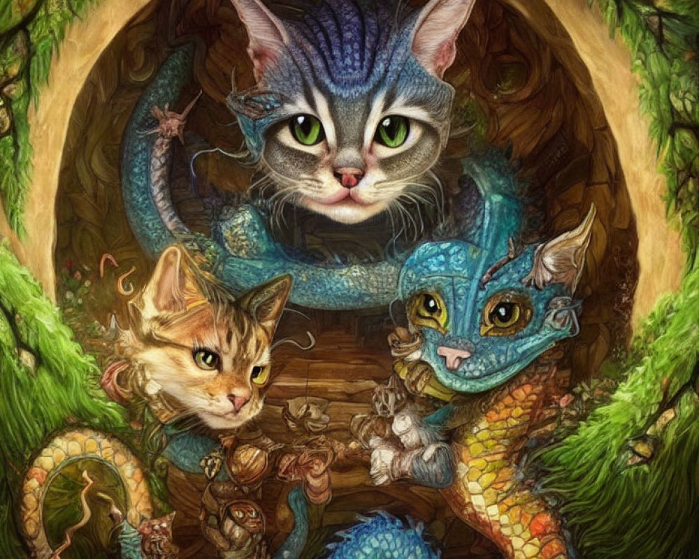 Detailed illustration of large cat's face over whimsical scene with smaller cats in tree hollow