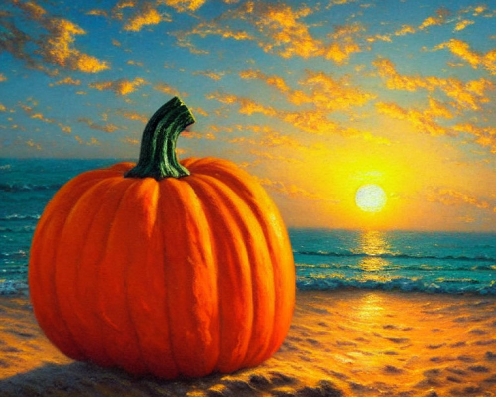 Large Pumpkin on Sandy Beach at Serene Sunset with Orange Clouds