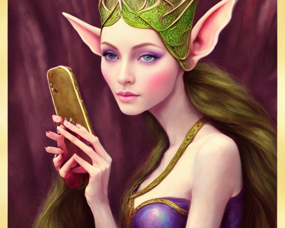 Elf with sharp ears in green crown on smartphone, long hair, purple outfit, maroon background