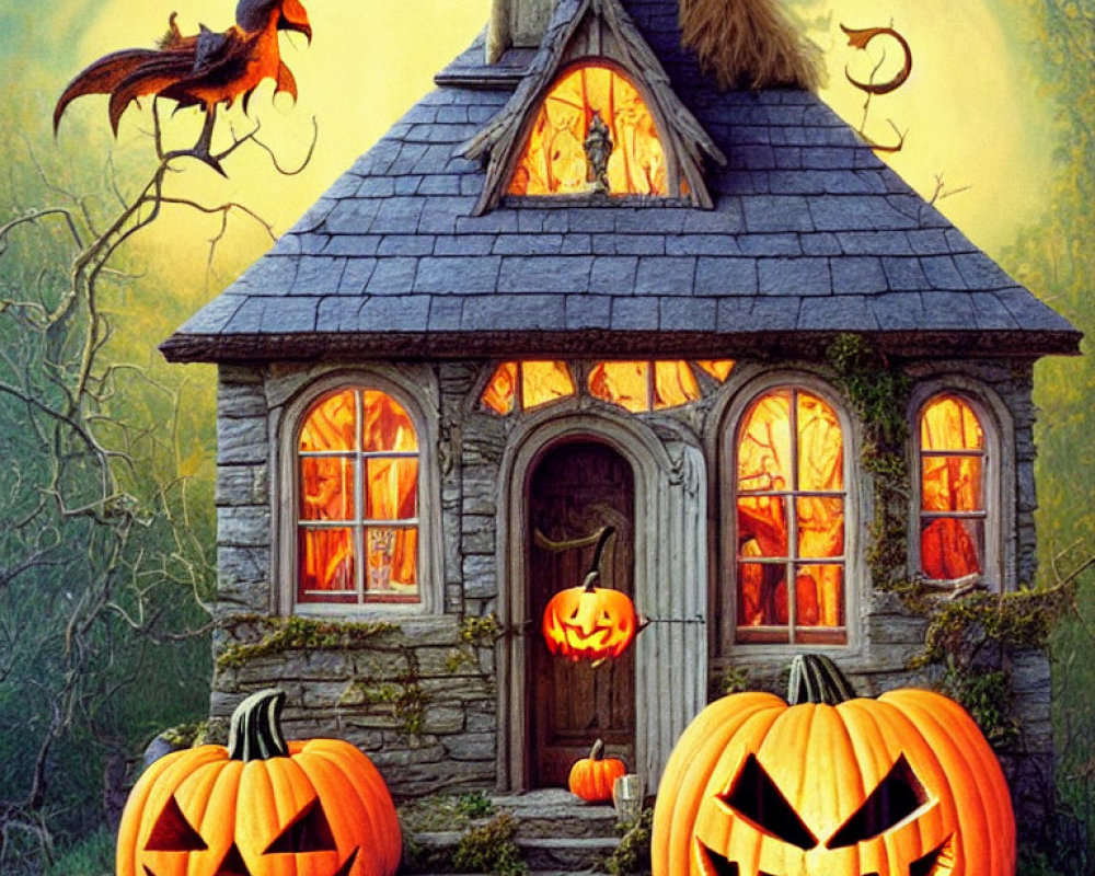 Spooky Halloween-themed image: Stone house, jack-o'-lanterns, crow, full moon