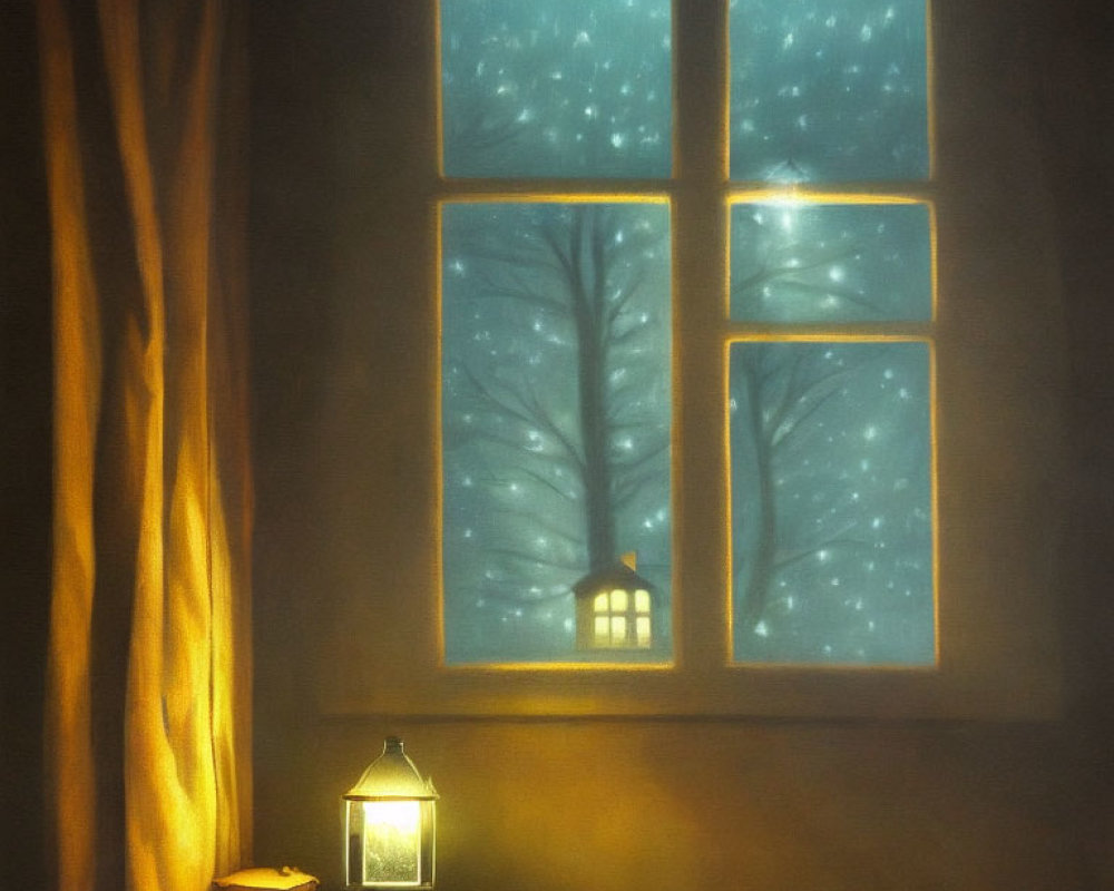 Warmly lit indoor scene with lamp, curtain, and snowy twilight landscape view.