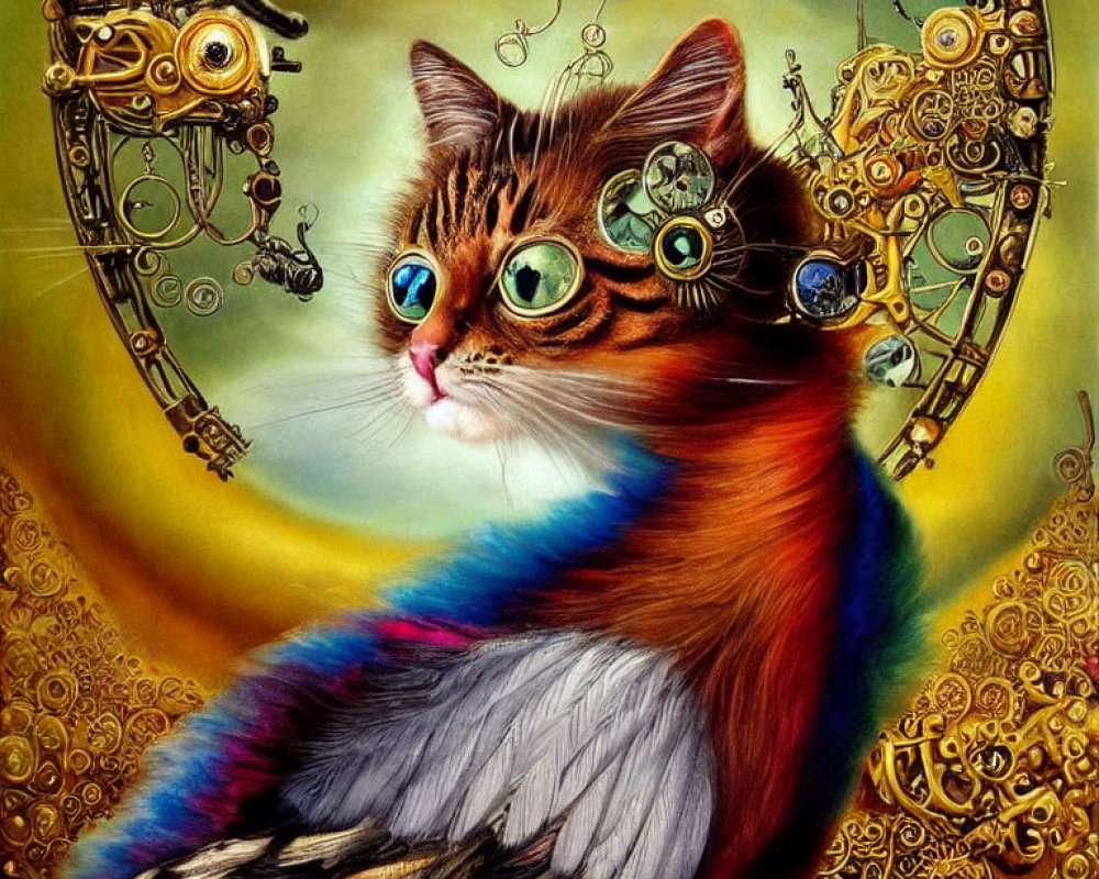 Vibrantly colored cat with steampunk-style goggles in golden mechanical setting