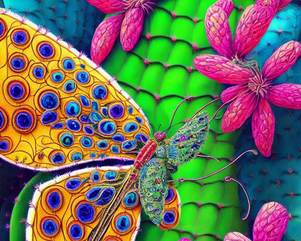 Colorful Butterfly Illustration with Peacock-like Wing Patterns on Pink Flowers