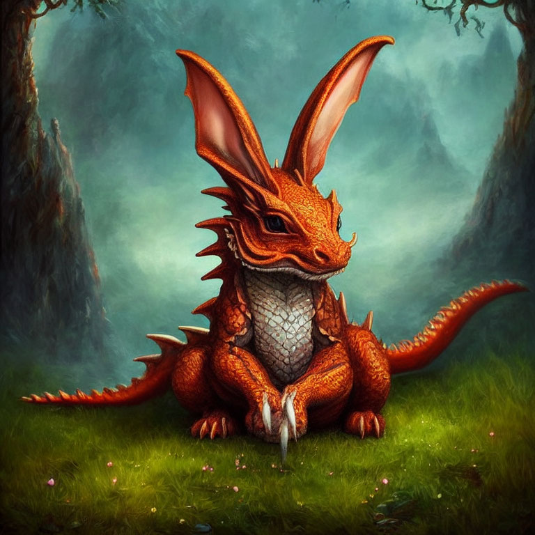 Red dragon with large ears and wings in mystical forest illustration