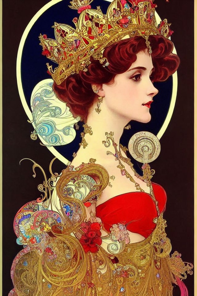 Majestic woman with crown and ornate jewelry in Art Nouveau style