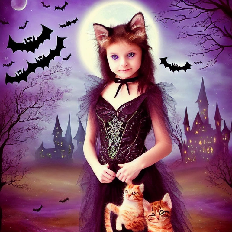 Young girl in cat costume holds kittens with moonlit castle and bats in background.