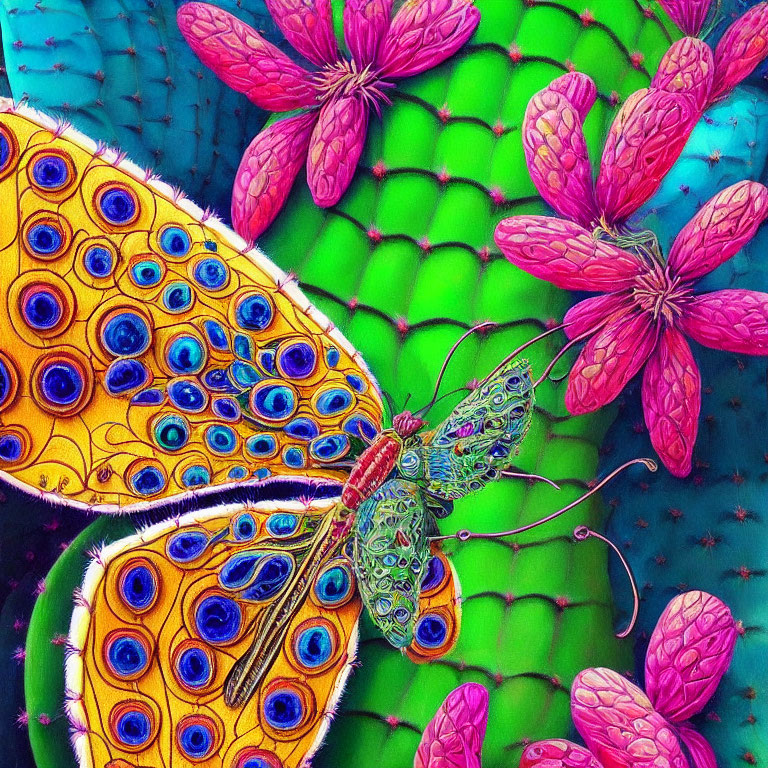 Colorful Butterfly Illustration with Peacock-like Wing Patterns on Pink Flowers