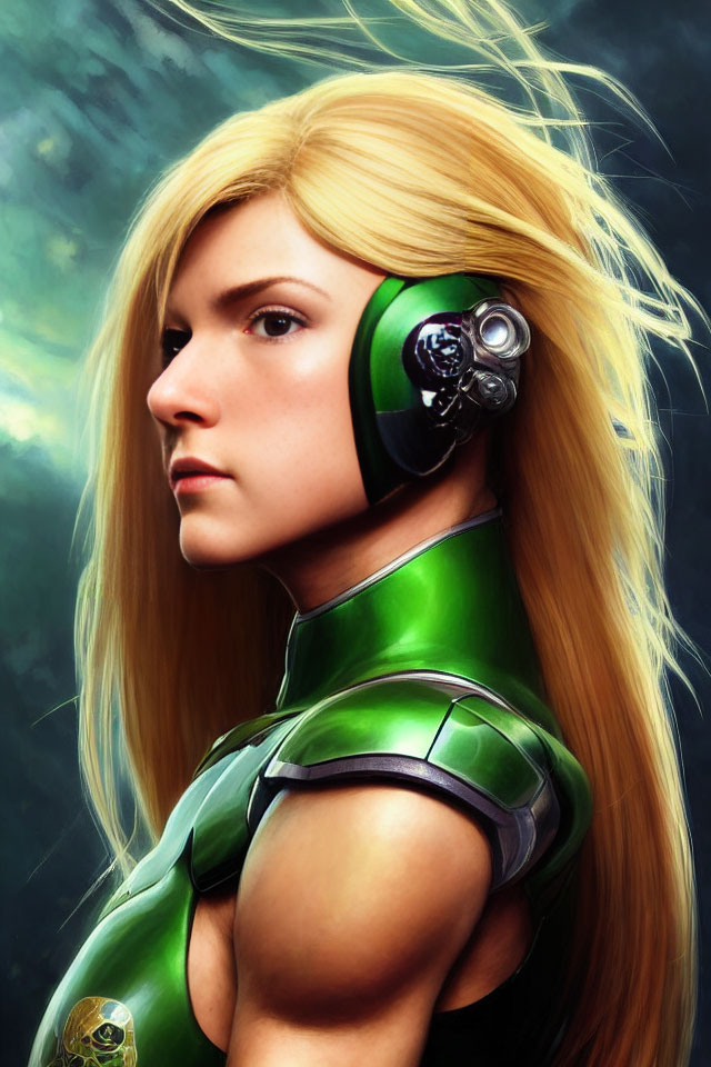 Blonde woman with green futuristic helmet illustration