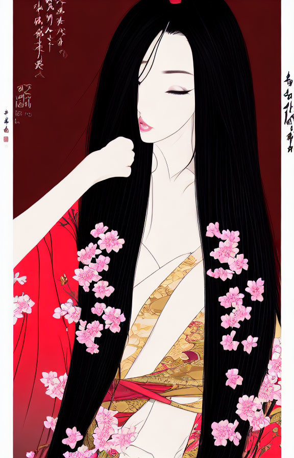 Graceful woman with black hair and cherry blossoms in red and gold attire on Asian calligraphy backdrop