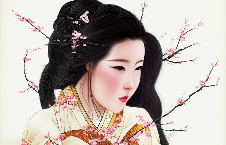 Digital artwork of woman in traditional East Asian attire with cherry blossoms