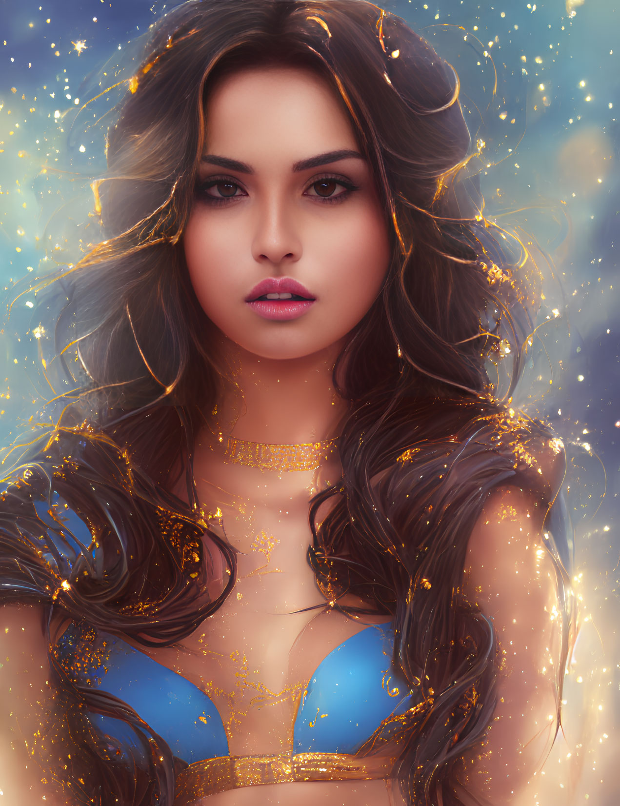 Digital portrait of woman with wavy hair, sparkling accents, blue top, starry backdrop