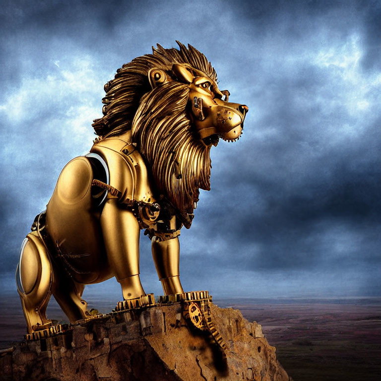 Golden Mechanical Lion on Rocky Cliff Under Stormy Sky