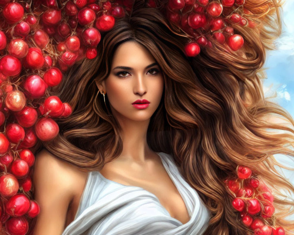 Woman with flowing hair and red lips, surrounded by grapes, blue sky, and butterfly