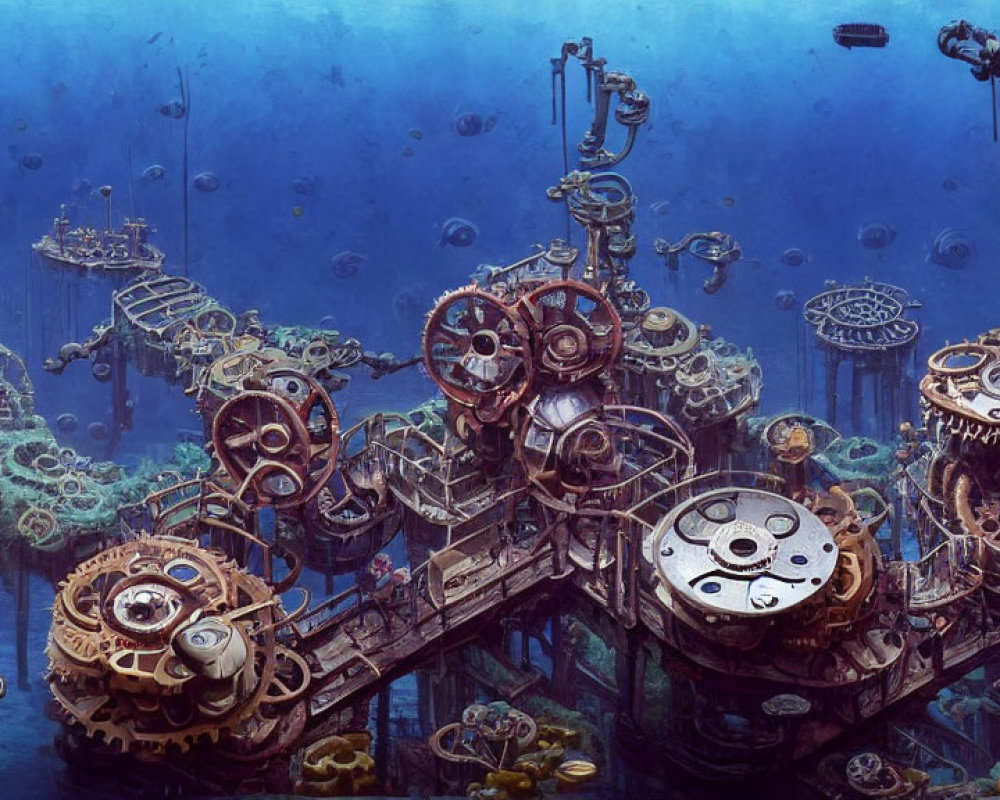 Intricate steampunk city in deep blue underwater setting