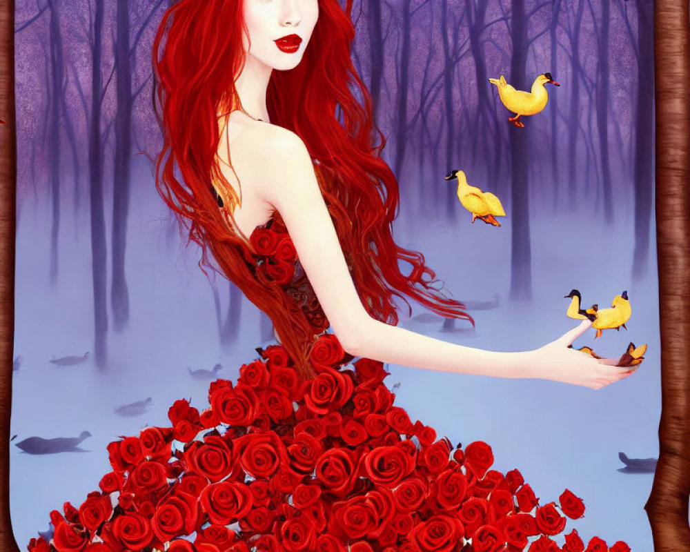 Red-Haired Woman in Rose Dress Surrounded by Yellow Birds in Purple Forest