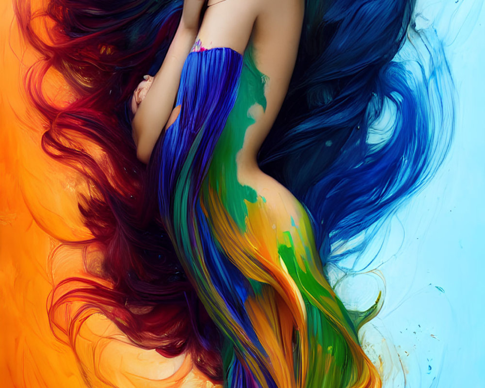 Colorful Woman with Flowing Rainbow Hair on Blue Background