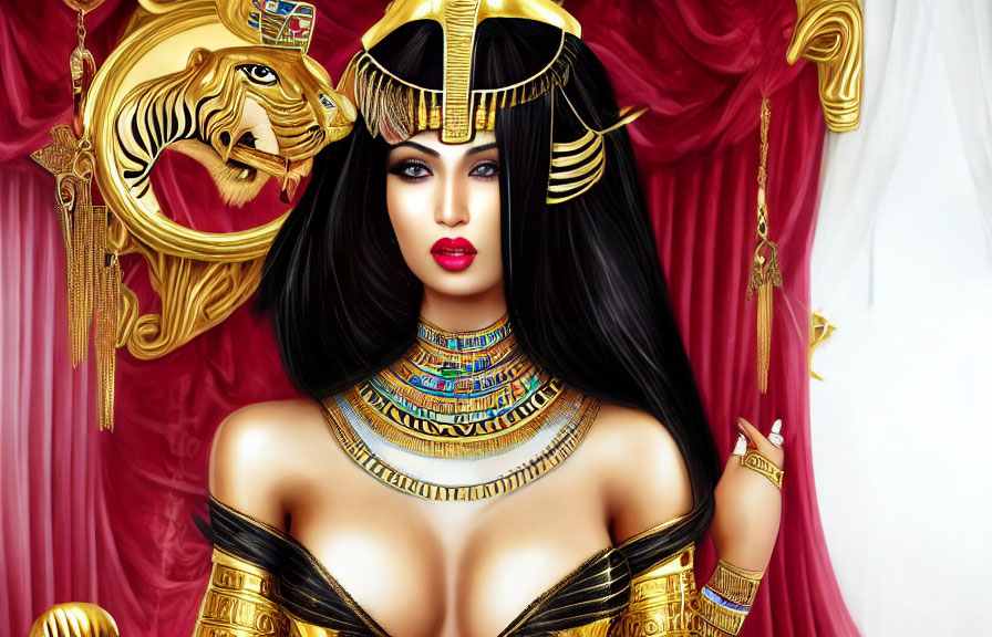 Stylized Egyptian queen with headdress and gold jewelry on red curtain backdrop