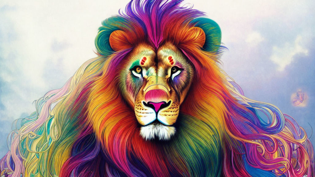 Colorful Lion Illustration with Rainbow Mane on Pastel Background