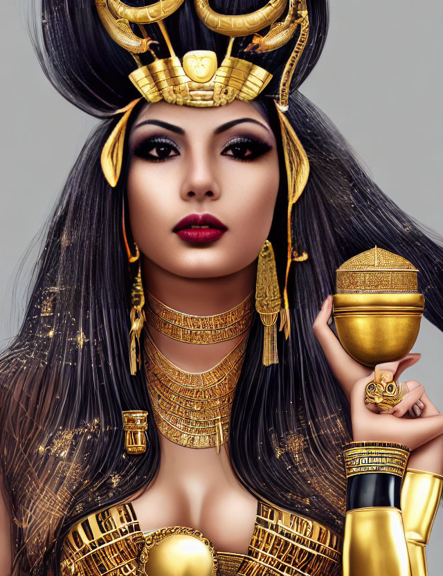 Digital Art: Ancient Egyptian Queen with Golden Headdress and Ankh