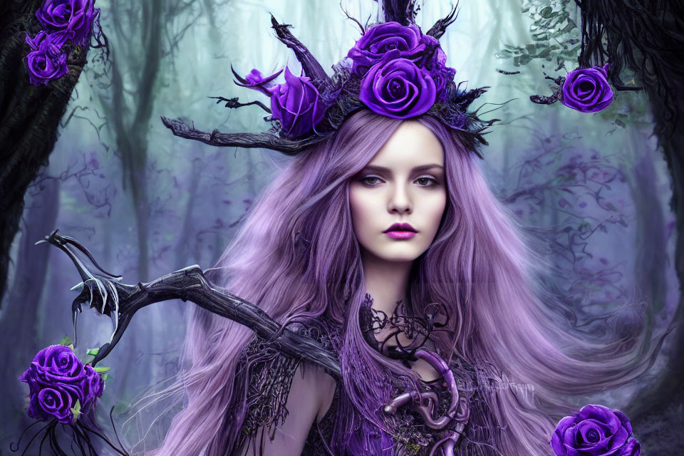 Woman with Purple Hair and Rose Crown in Mystical Forest