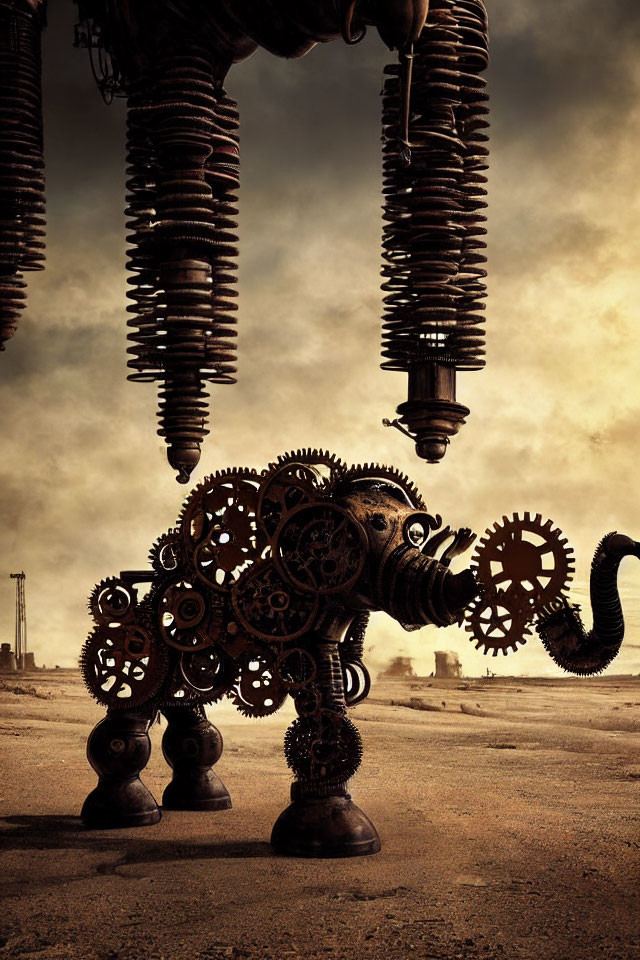 Steampunk mechanical elephant in desert landscape with towering screw structures