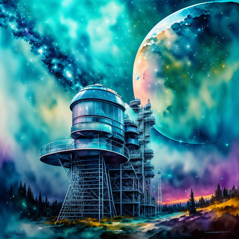 Futuristic observatory digital artwork under starry night sky