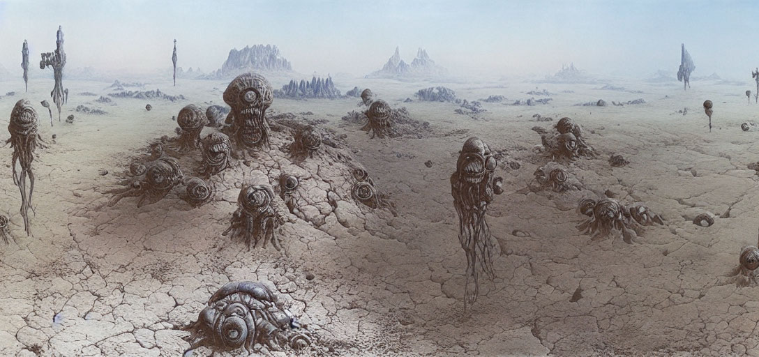 Barren landscape with cracked ground and alien skull-like structures