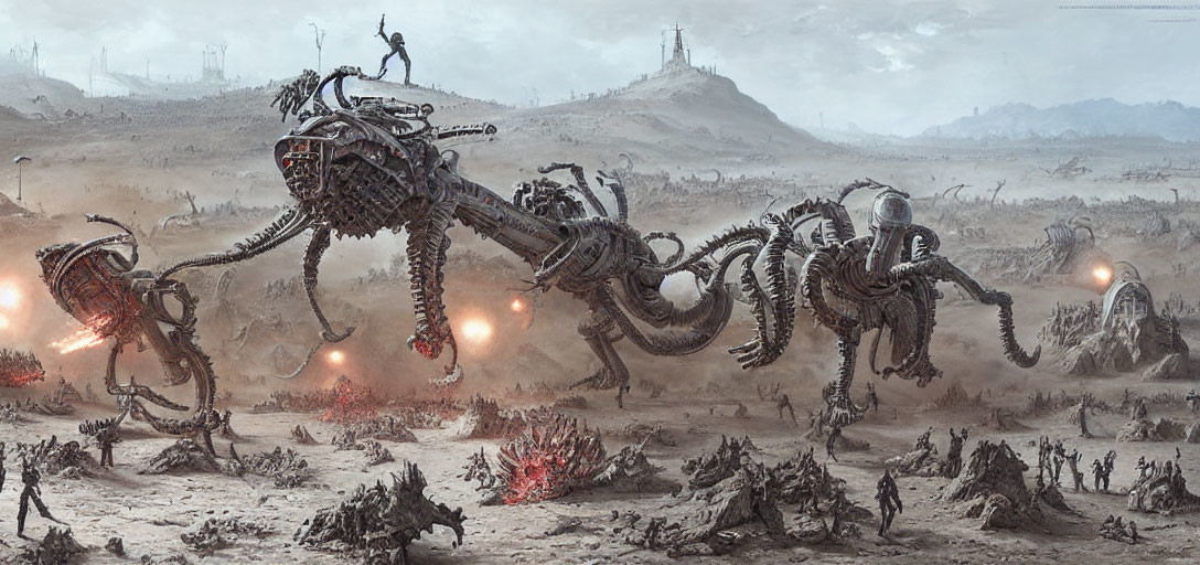 Giant mechanical quadrupeds dominate dystopian battlefield with smaller figures in chaos