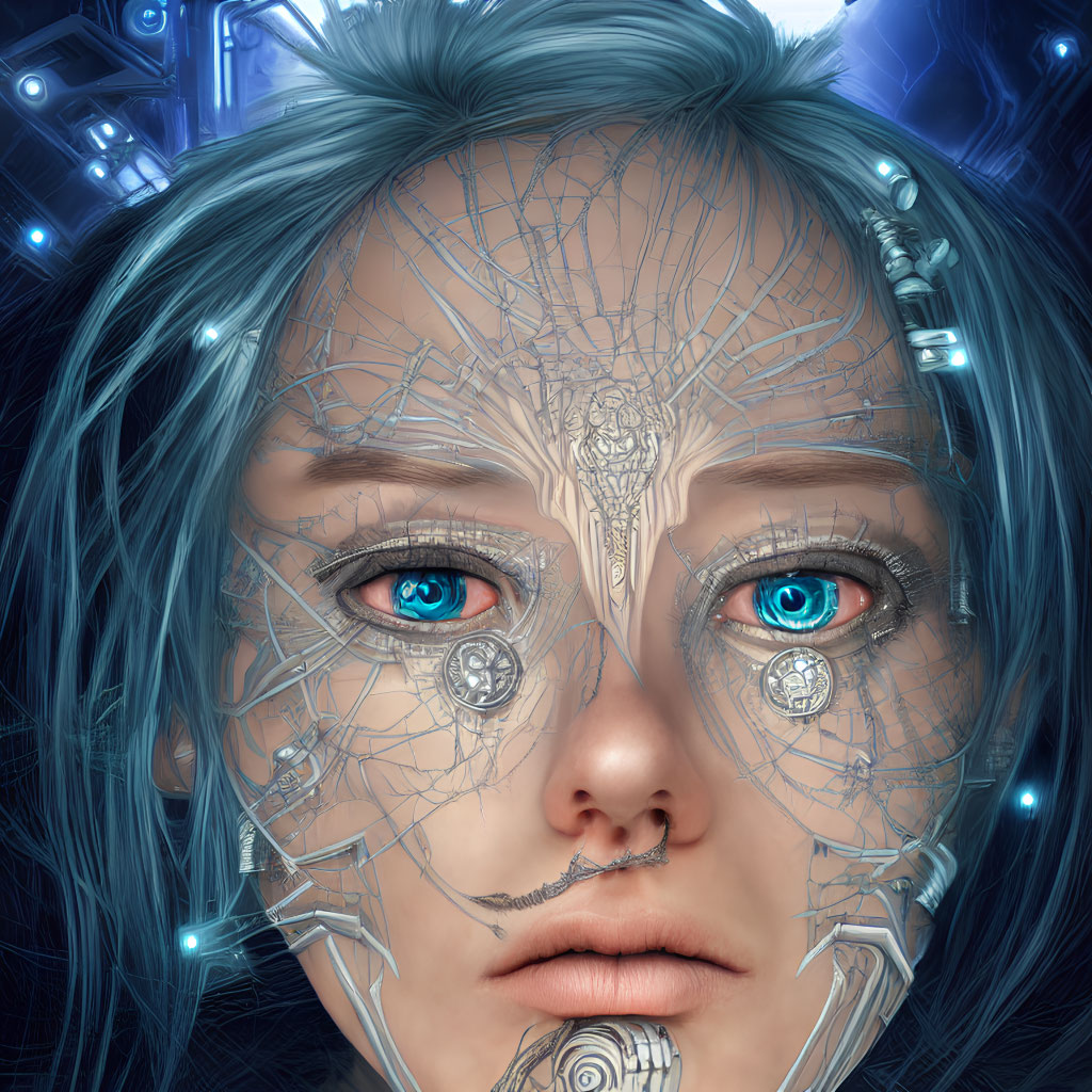 Female Cyborg with Silver Mechanical Details and Blue Hair