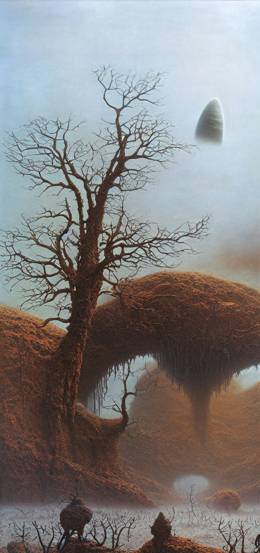Surreal landscape with leafless tree and floating egg-shaped object