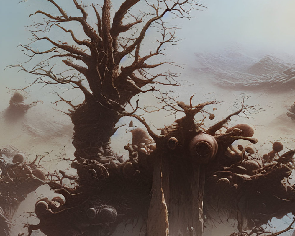 Surreal towering tree with intricate roots and bare branches in misty setting