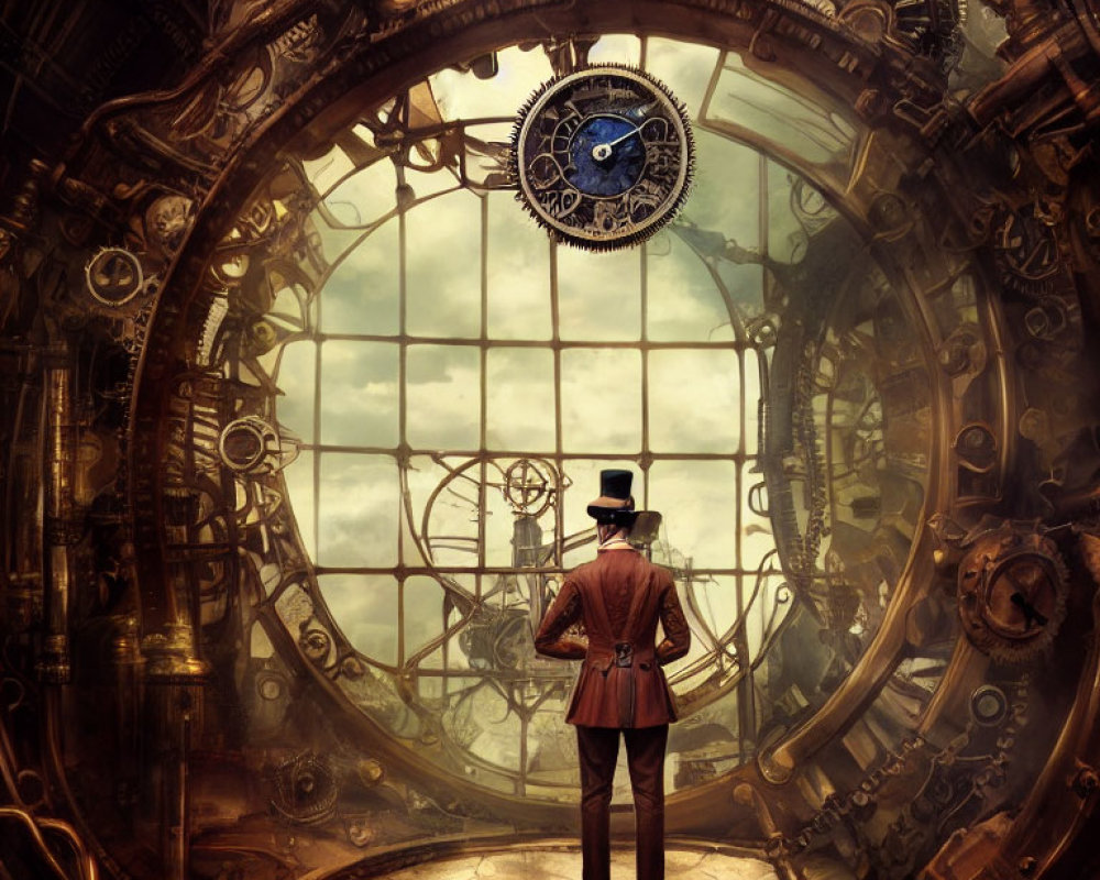 Steampunk-themed artwork featuring a person in top hat and tailcoat by circular window