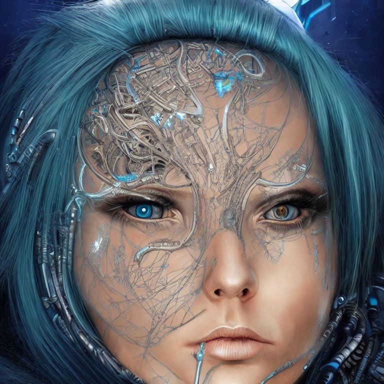 Female Cyborg with Circuitry-Infused Face and Blue Hair