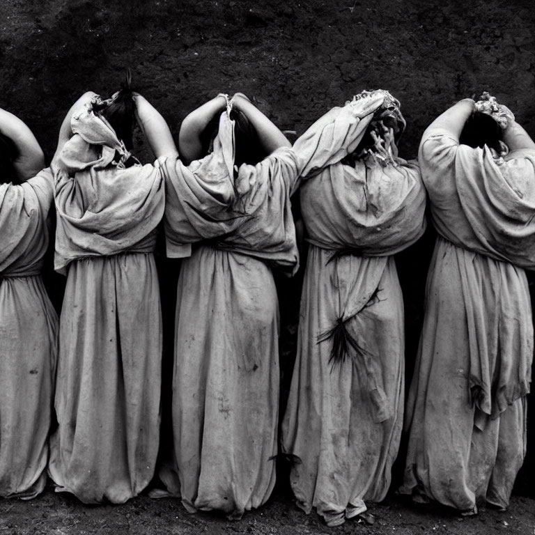 Stone statues of robed figures in prayer pose against textured backdrop