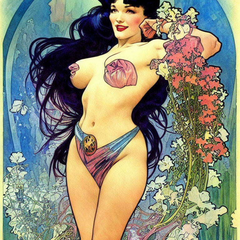 Voluptuous woman in bikini with long hair in vintage fantasy illustration