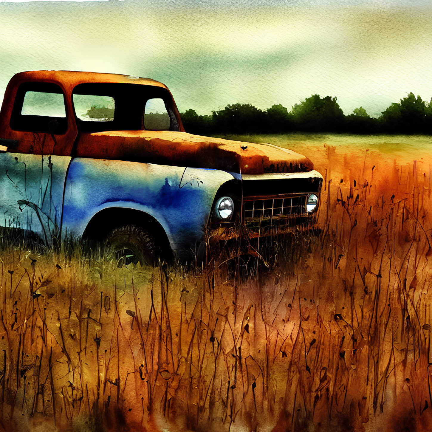 Vintage truck watercolor illustration in field with tall grass and orange-tinged sky