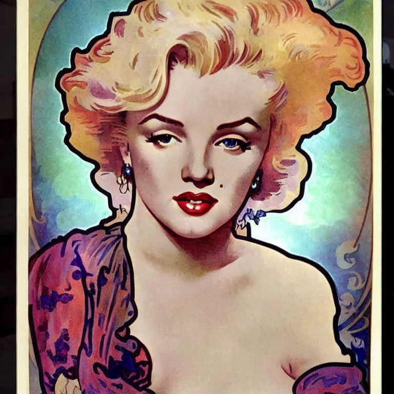 Vibrant artwork featuring blonde woman with red lips and vintage hairstyle