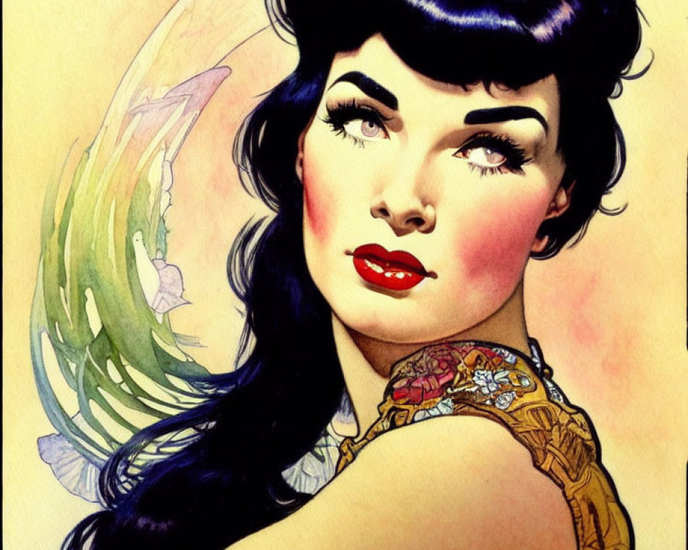 Dark-haired woman with red lipstick and tattoo, fairy wing in background