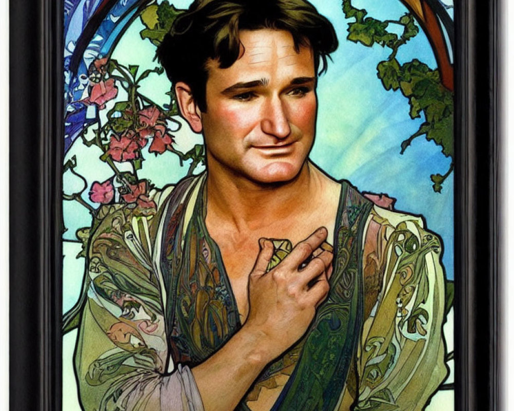 Stained Glass Style Illustration of Contemplative Man in Robe