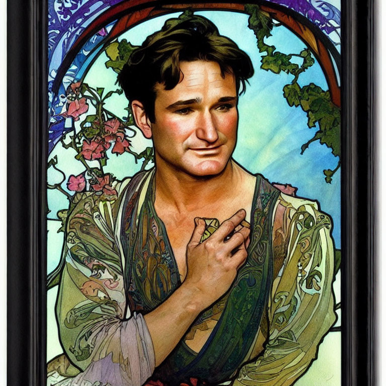 Stained Glass Style Illustration of Contemplative Man in Robe