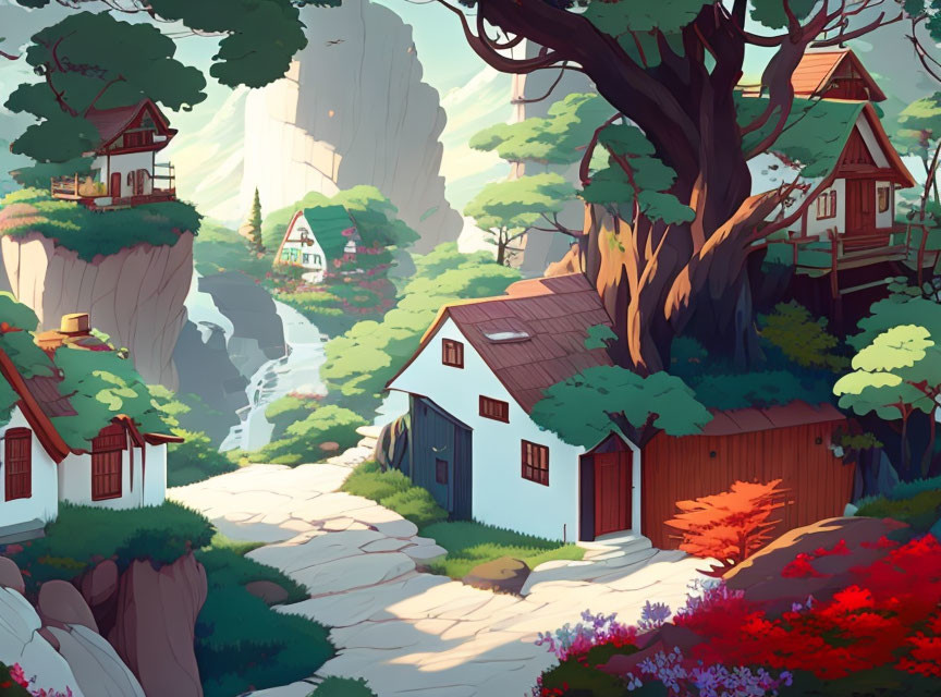 Tranquil fantasy village with lush trees, colorful flora, and a waterfall