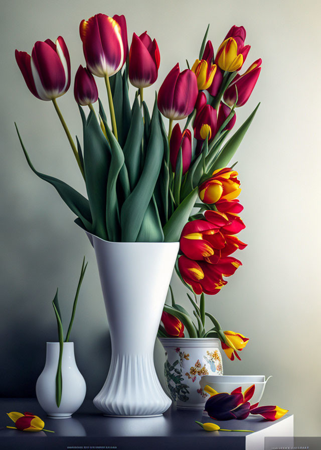 Vibrant red and yellow tulips in white vase with teacup on table