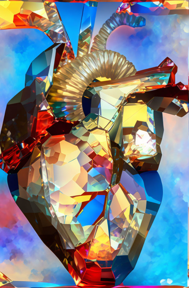 Colorful Abstract Digital Art: Fractured Heart Shape in Crystalline Design