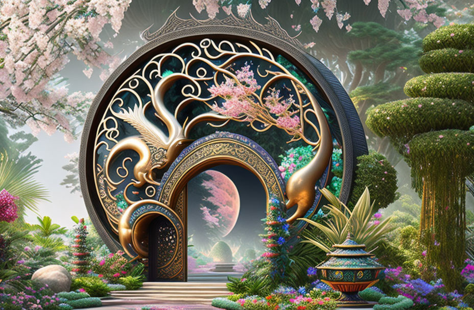 Circular door with dragon and floral motifs leading to mystical garden with lush trees, pink blossoms, and