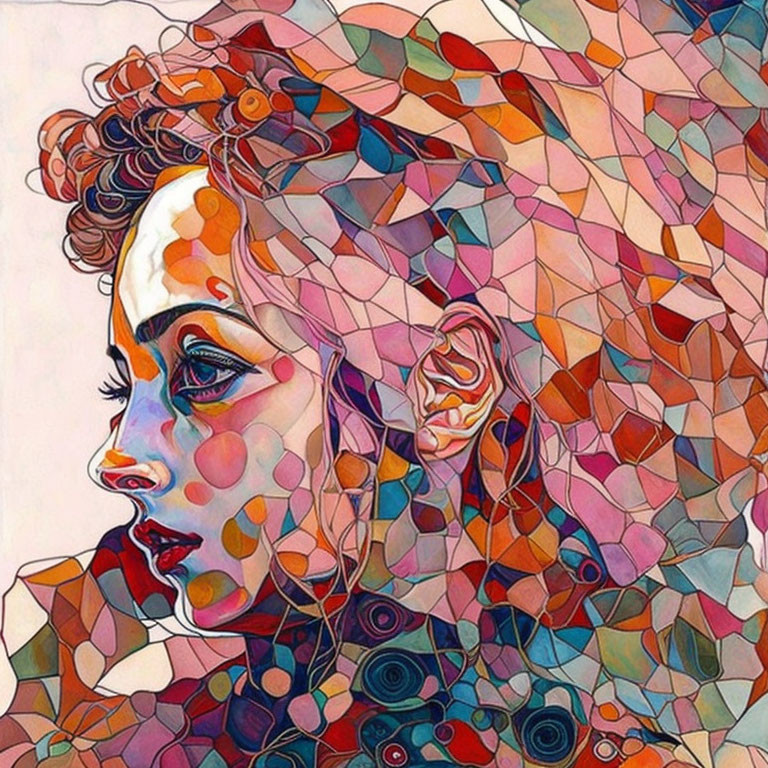 Vibrant geometric abstract art of woman's profile with colorful mosaic patterns