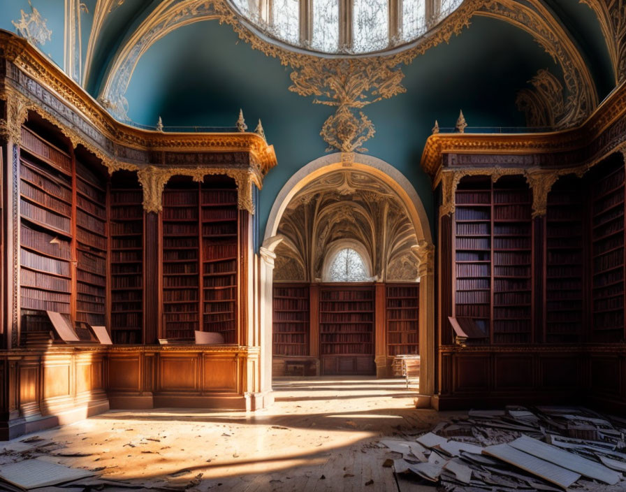 Luxurious sunlit library with arched ceilings and scattered papers.