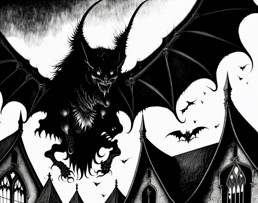 Monochromatic illustration of menacing bat-like creature in flight with gothic buildings and cloudy sky