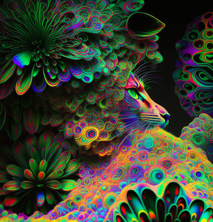 Colorful Psychedelic Lion with Neon Fractal Patterns