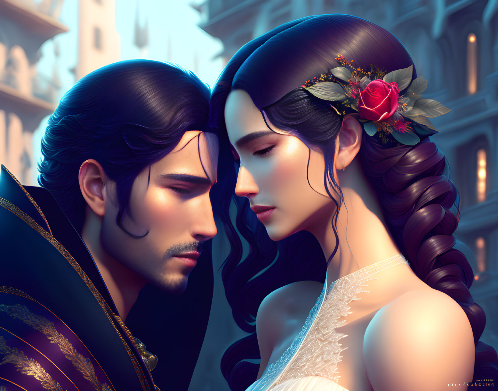 Illustrated Couple in Elegant Attire with Fantasy Castle Backdrop